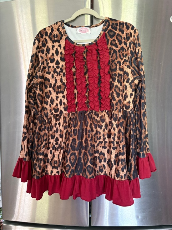 Sweet Modesty Tops - Sweet Modesty Women’s Leopard Print Ruffle-Trim Blouse in Brown and Rust/Red